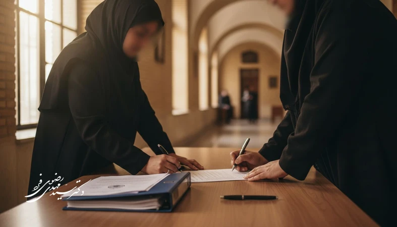 امضای توافق صلح در پرونده ضرب‌وجرح روی میز حقوقی در راهروی دادگاه؛ تمرکز بر اسناد، پرونده و فرایند مصالحه
